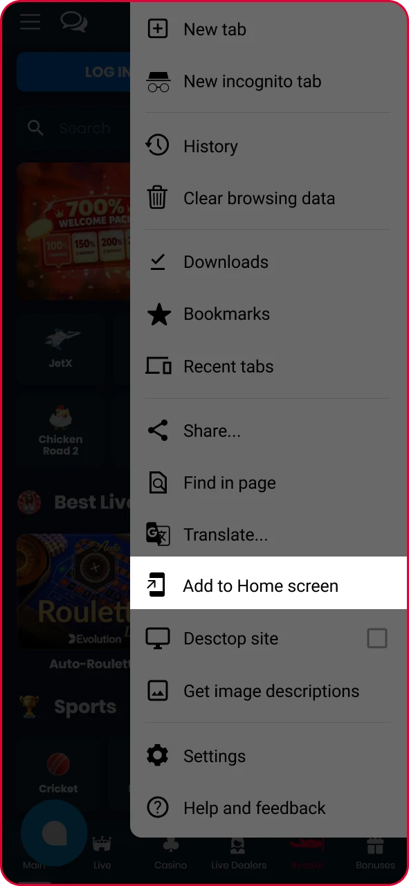 Chrome dropdown menu on mobile highlighting the Add to Home Screen option.