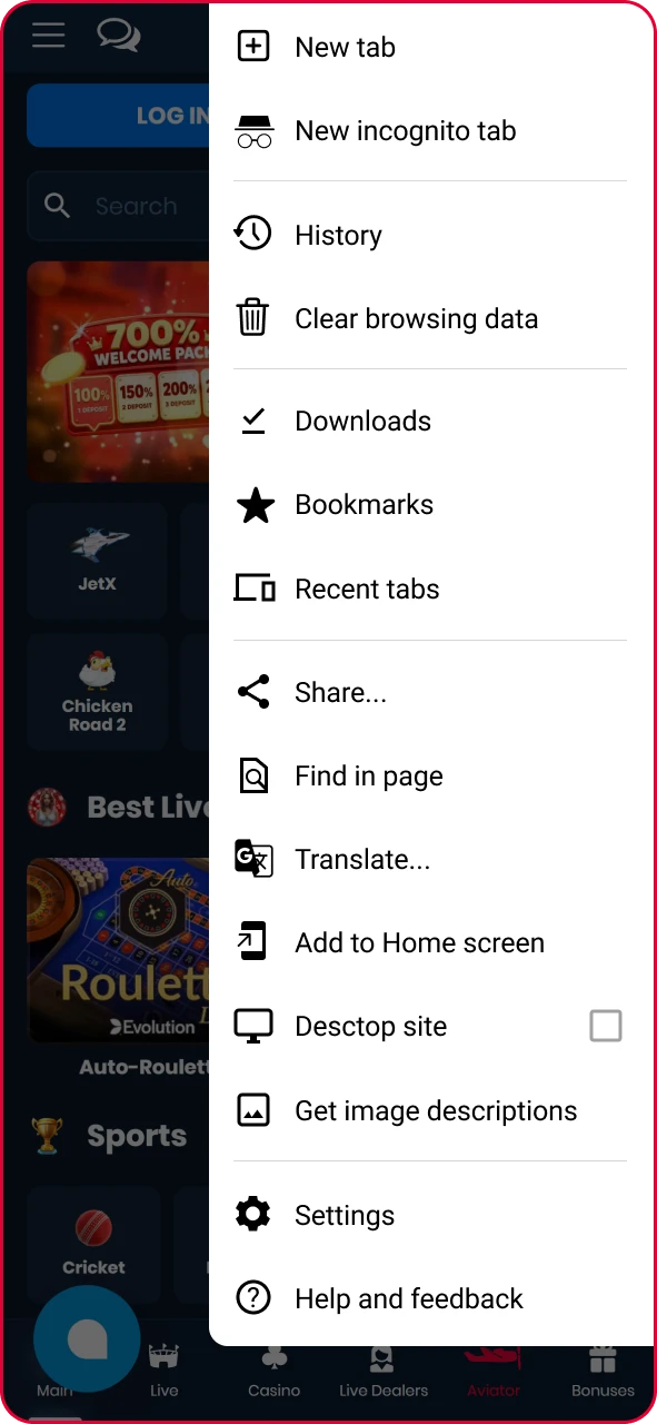 Chrome browser menu expanded on Android highlighting the top-right three dots icon.