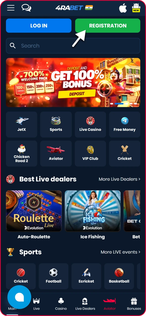 Mobile casino homepage highlighting the prominent Sign Up registration button at the top.