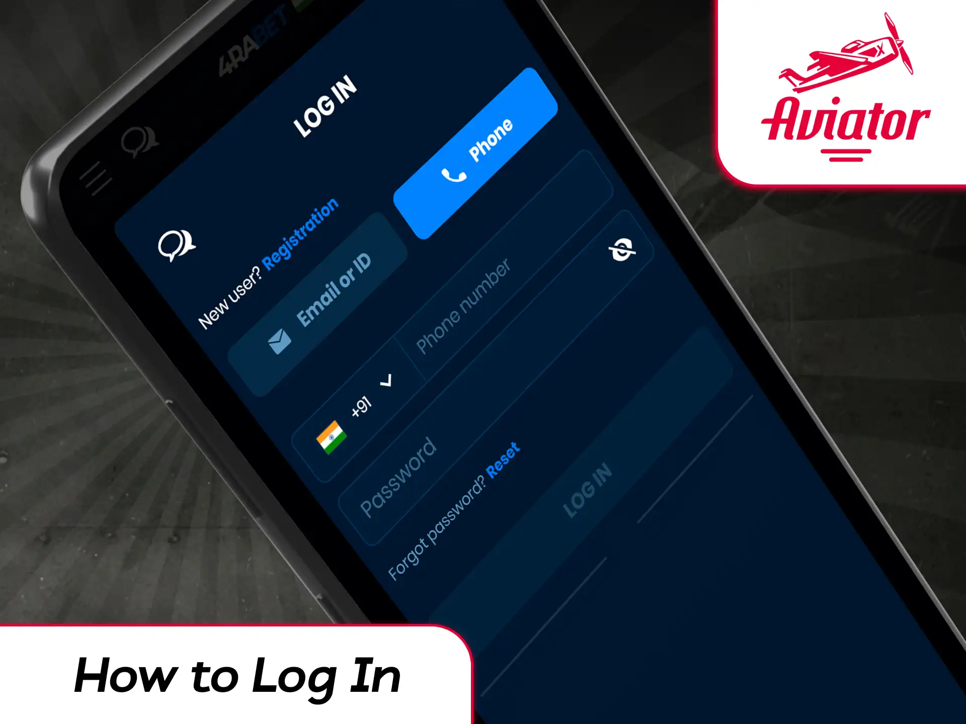 User login screen in the Aviator casino app with account credentials fields.