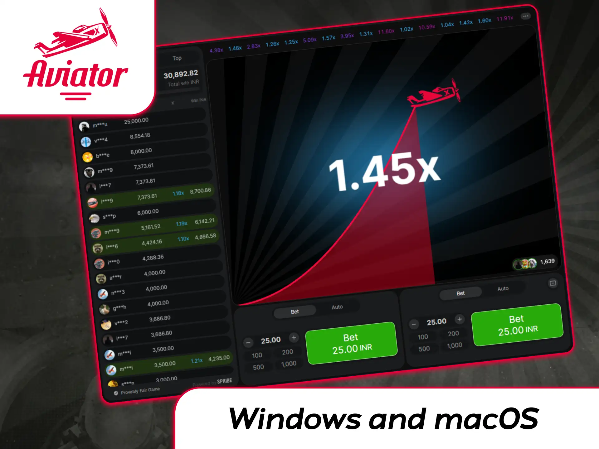 Desktop browser window on Windows and macOS showing the Spribe Aviator crash game interface in full screen.