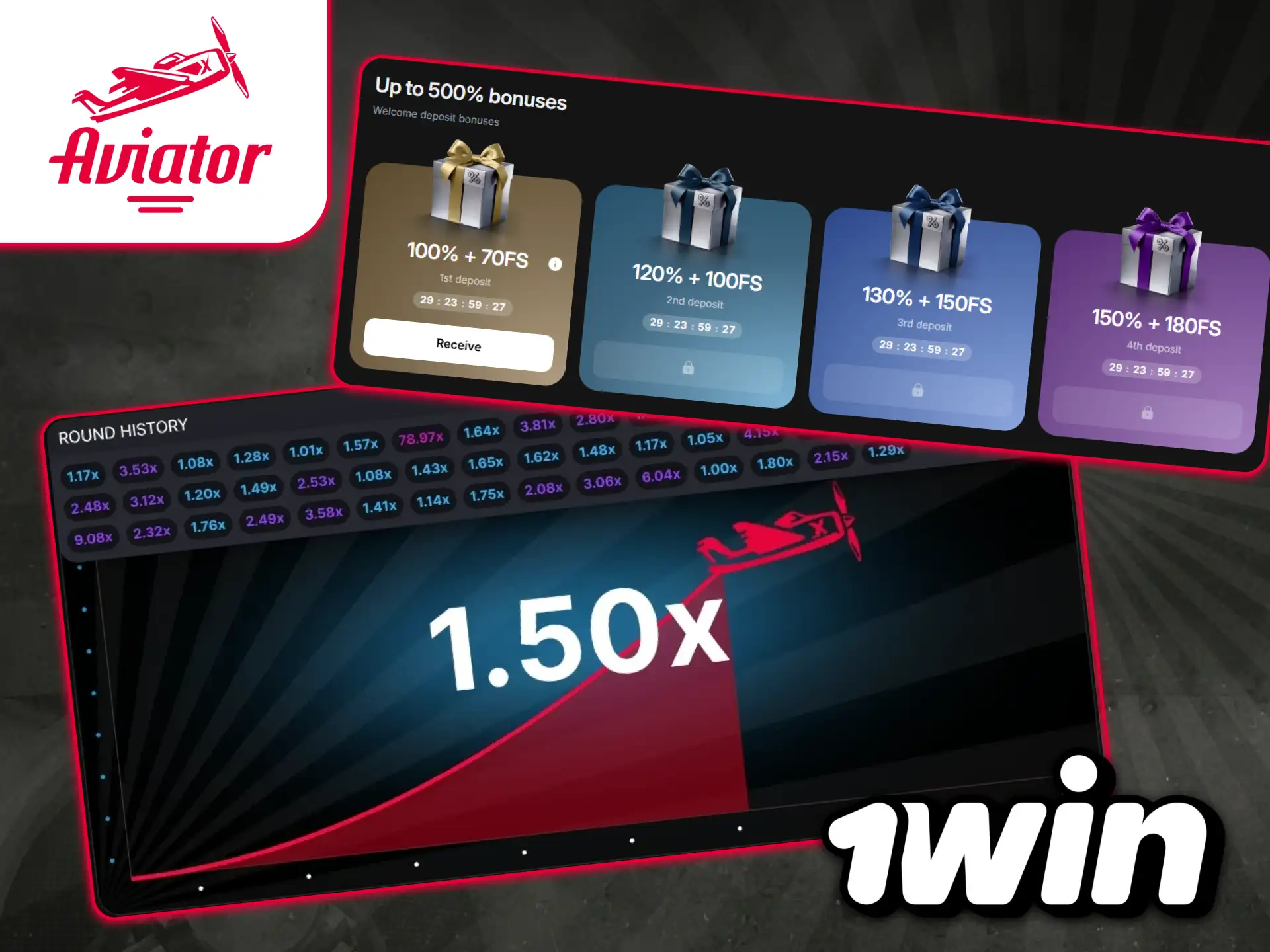 1win casino home screen featuring high welcome bonus promotion and Aviator launcher.