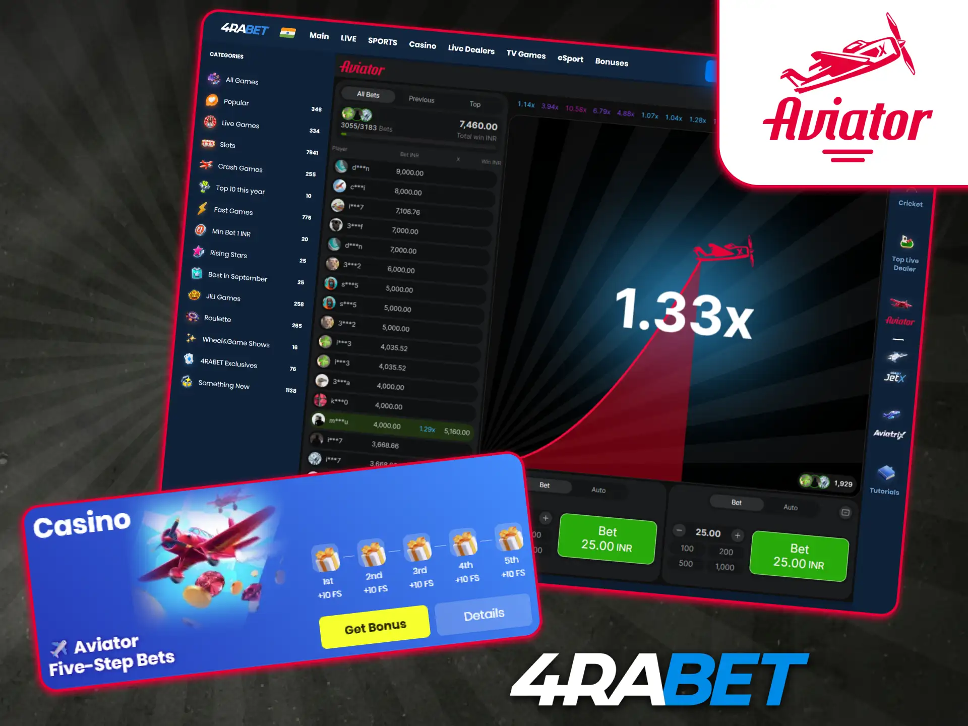 4rabet casino homepage displaying Aviator game banner and welcome promotion.