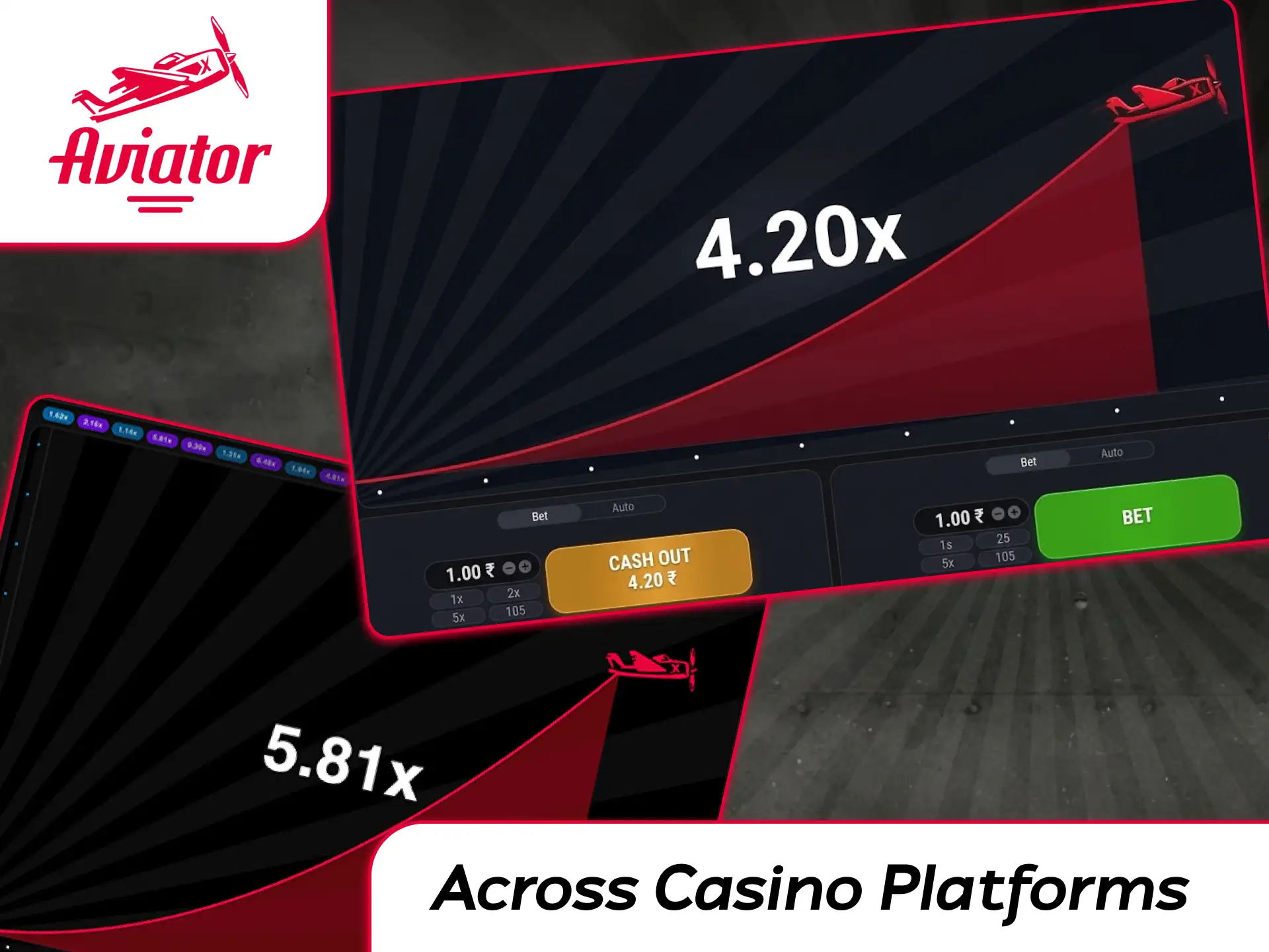 Interface variations of the Aviator game comparing local currency displays, bonus integrations, and cashier options on different casinos.