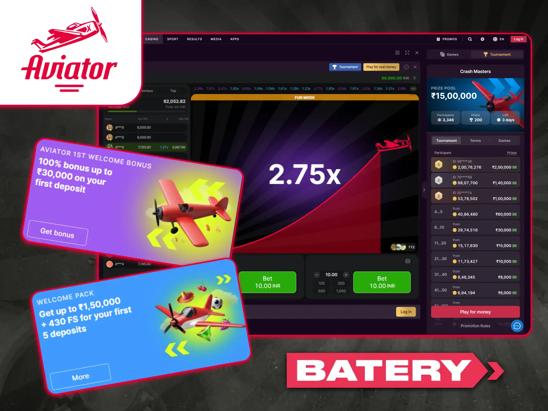 Batery platform promotions menu showing multi-deposit welcome bonus options.