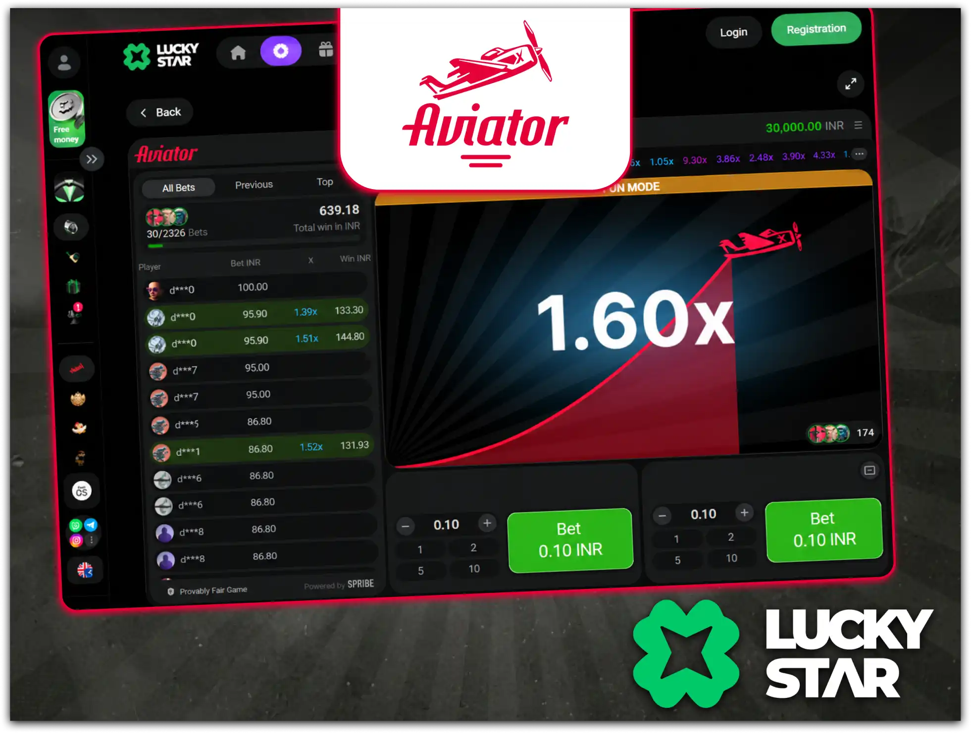 Lucky Star casino interface highlighting free bets package for crash games.