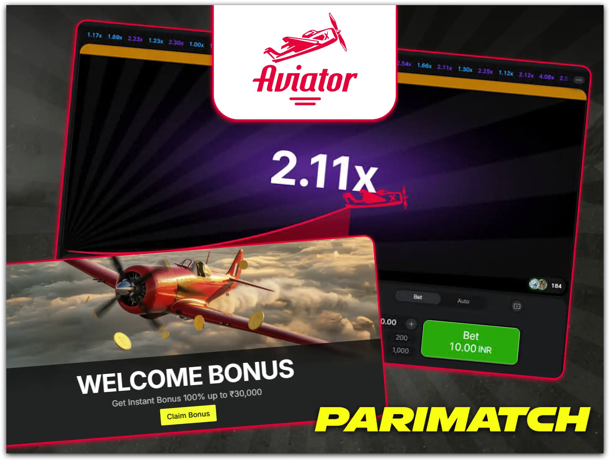 Parimatch app interface showing instant games section and sports bonus offers.