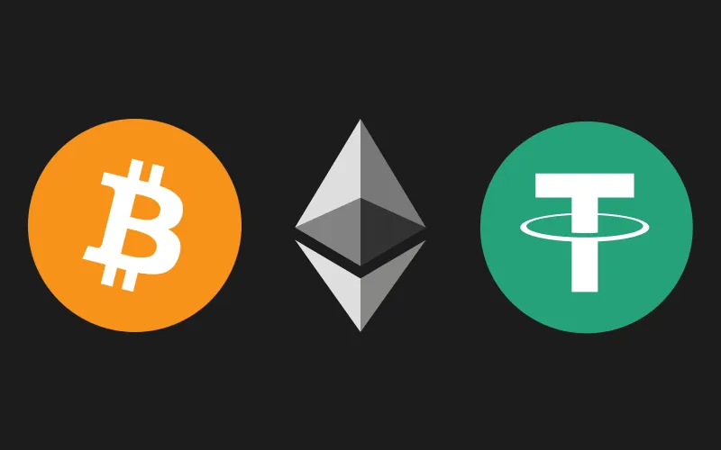 Crypto checkout page displaying Bitcoin, Tether USDT, and Ethereum wallet QR codes for casino deposits.