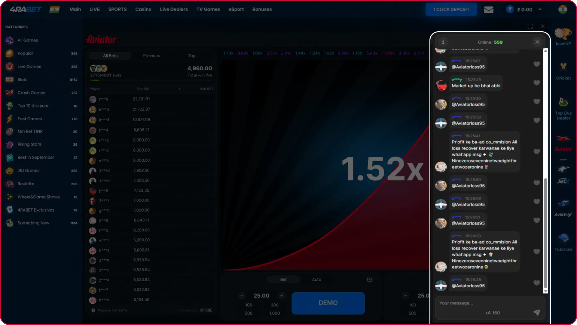 Chat with other players using the live chat panel in the Aviator demo.
