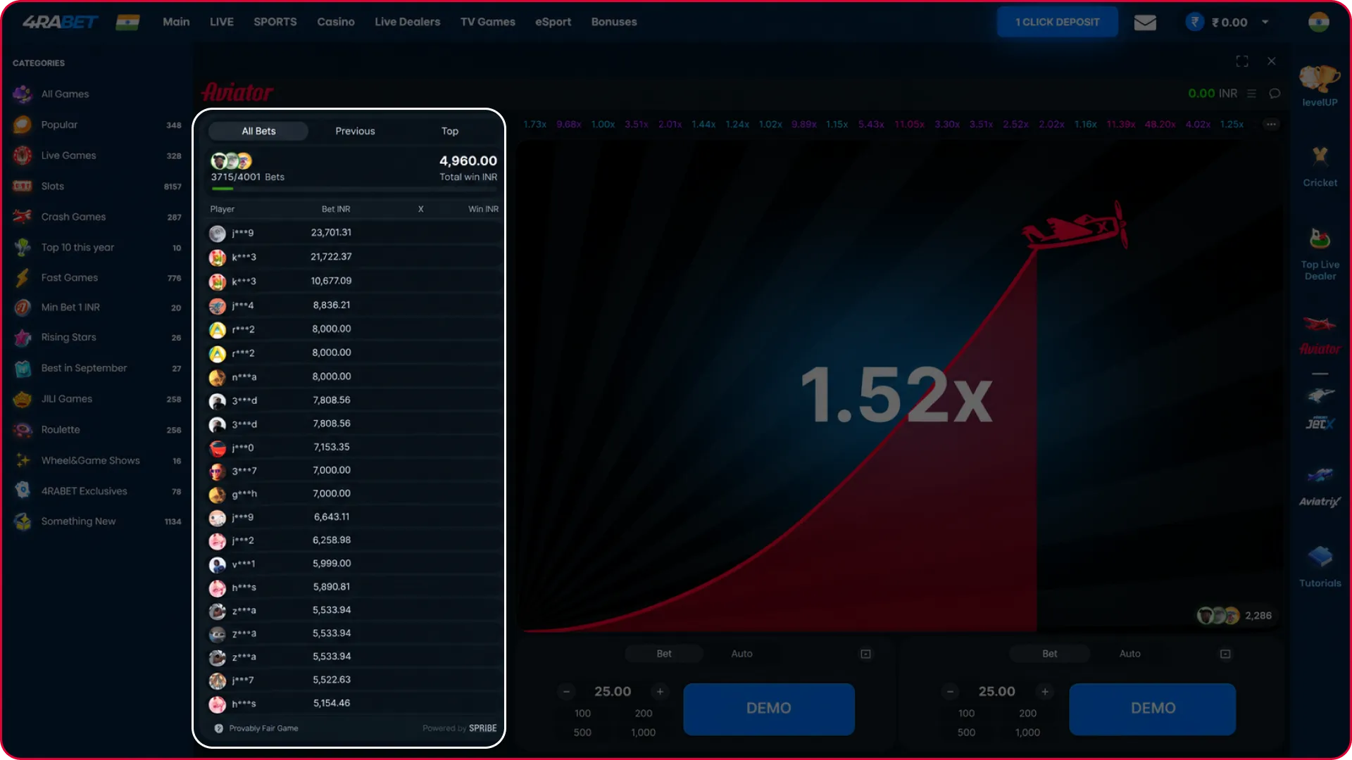 Track historical rounds on the live statistics tab in the Aviator demo.