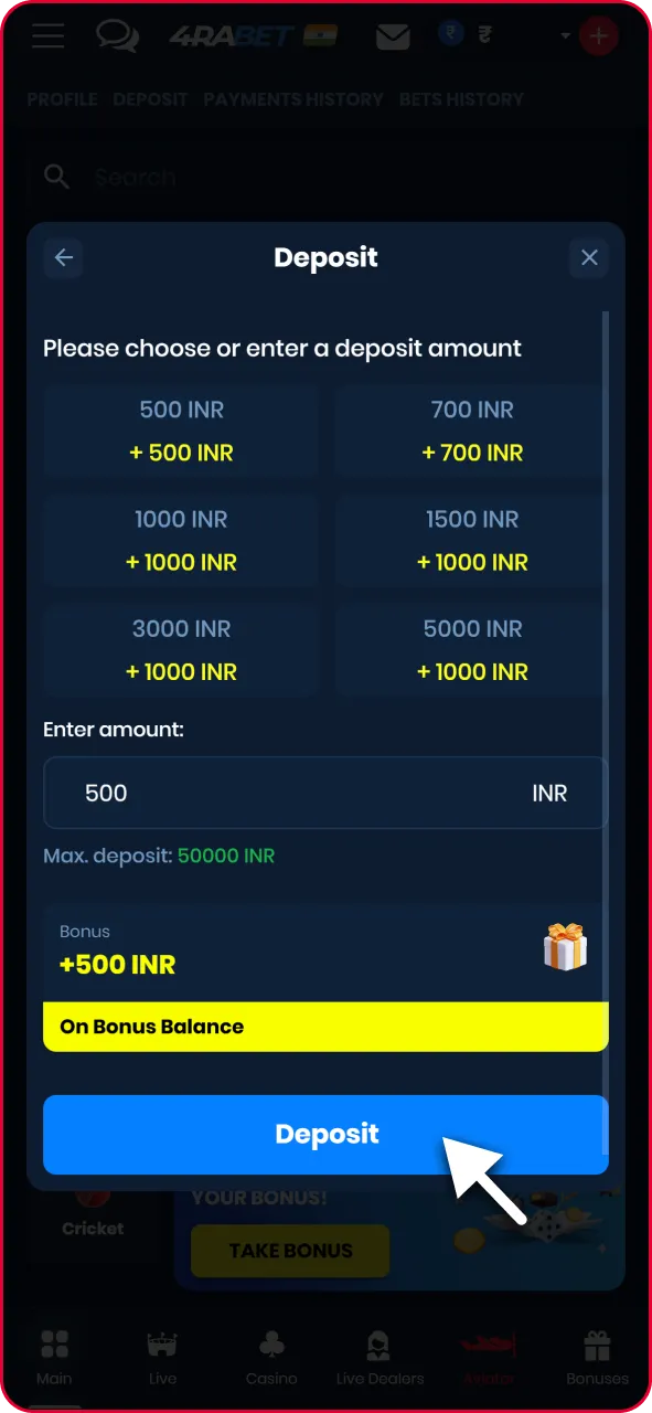 Mobile payment gateway screen confirming a UPI transfer to top up the casino account.