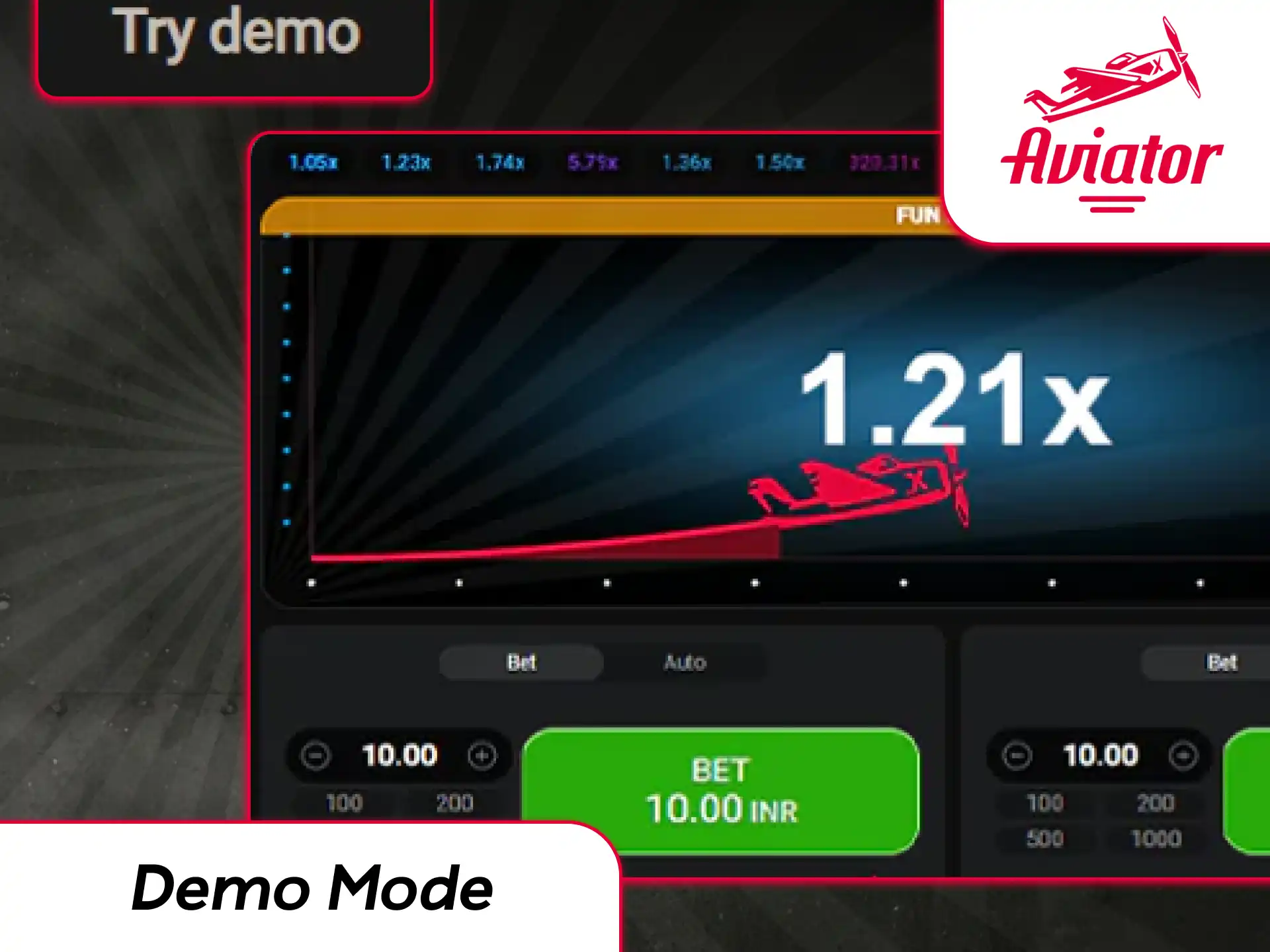 Spribe Aviator demo mode interface showing virtual balance, test bet panel, and rising plane multiplier.