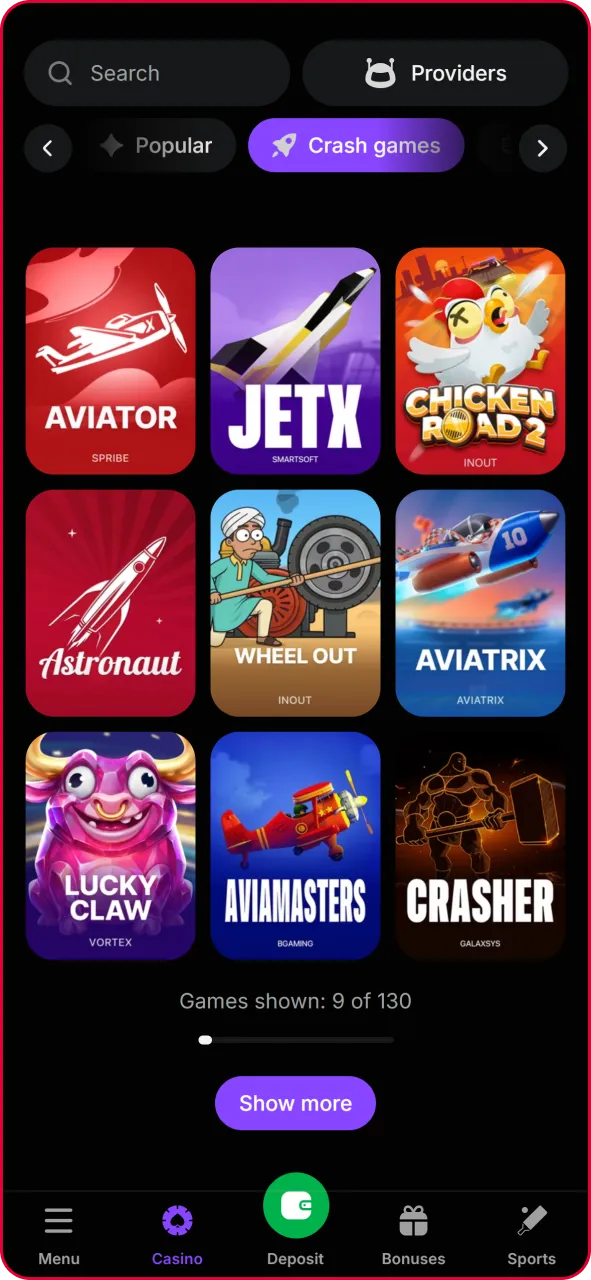 Casino lobby menu highlighting the crash games tab and Spribe Aviator launcher.