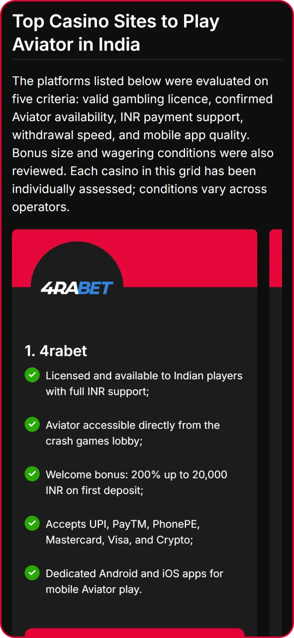 Comparison menu of licensed online casinos in India supporting Aviator and local INR payment methods.