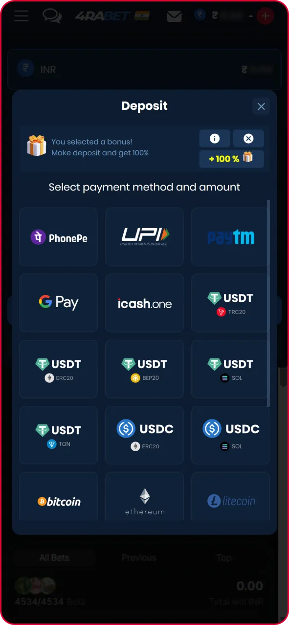Cashier deposit page showing UPI, PhonePe, and Paytm options with casino welcome bonus toggle.