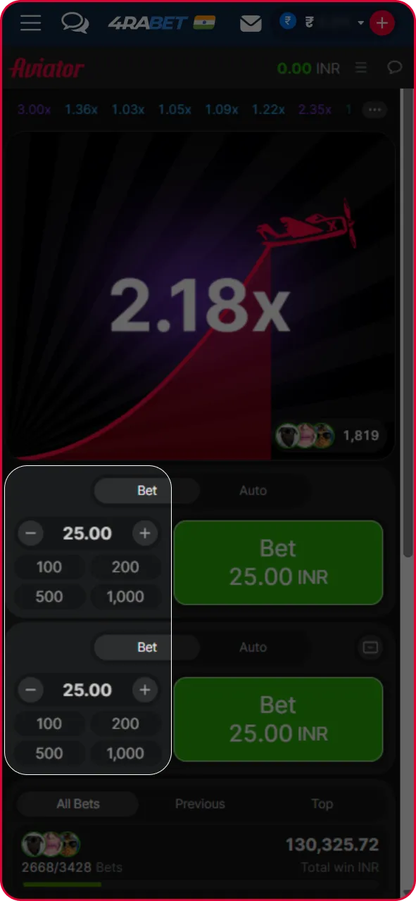 Aviator interface showing dual bet panels active simultaneously for independent round strategies.