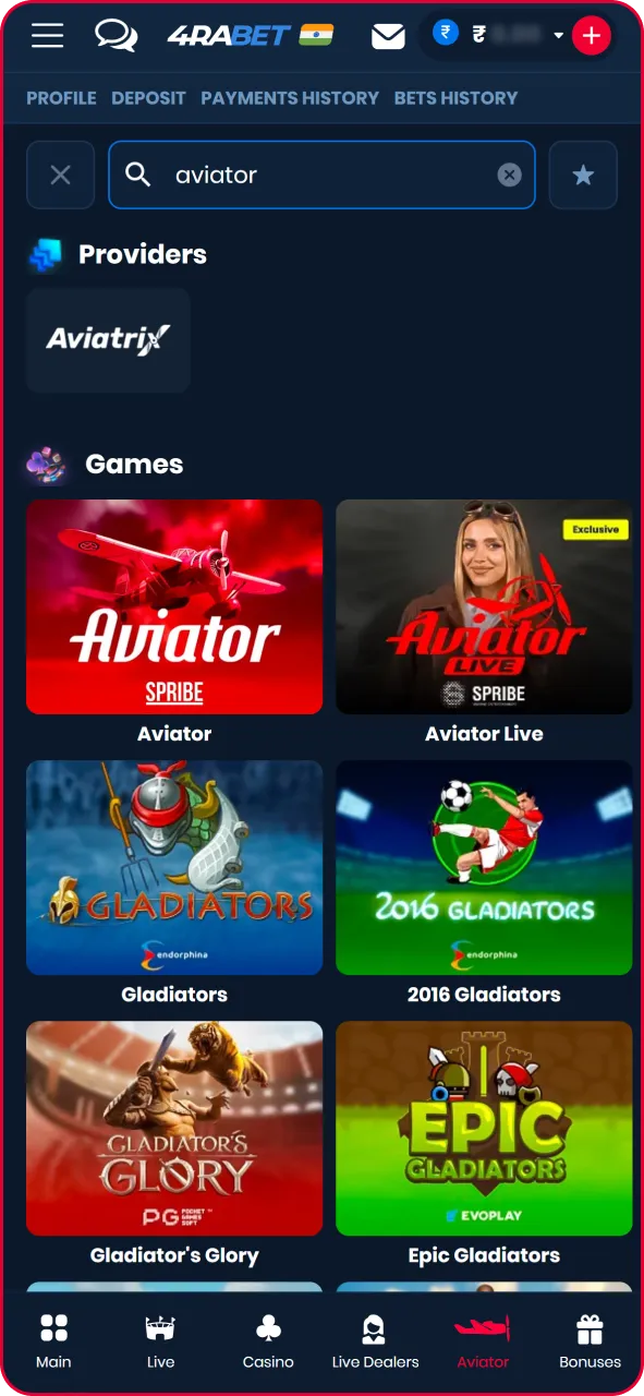 Online casino game lobby highlighting the Spribe Aviator tile under the Instant Games section.