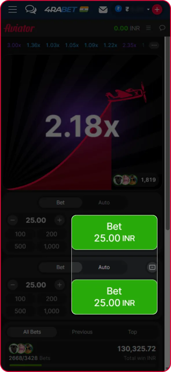 Aviator game control dashboard with bet input panel, preset stake amounts, and cash-out button.