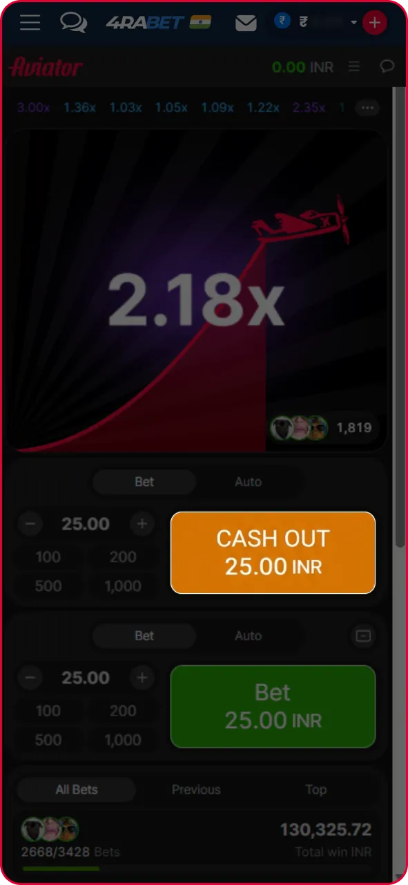 Aviator game screen with rising multiplier curve highlighting the orange Cash Out button.