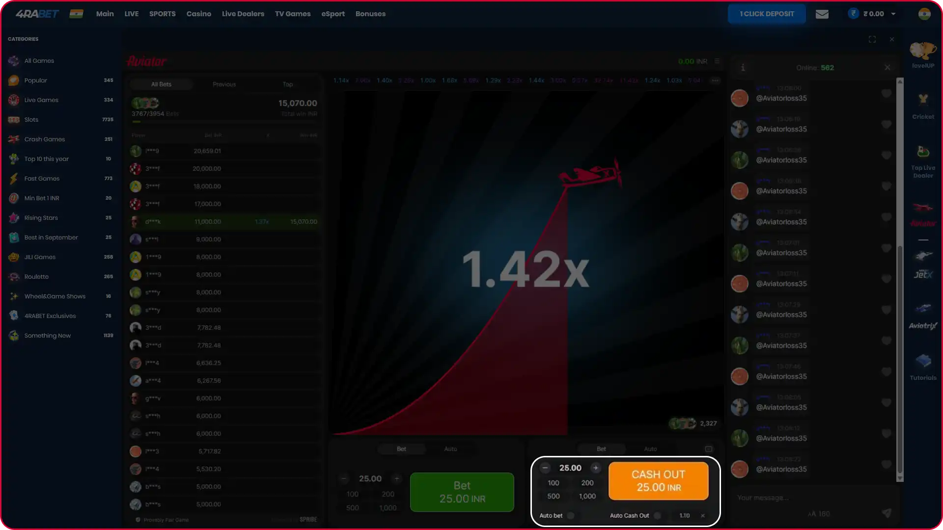 Desktop view of Aviator auto-play settings with total session win limit configured in INR.