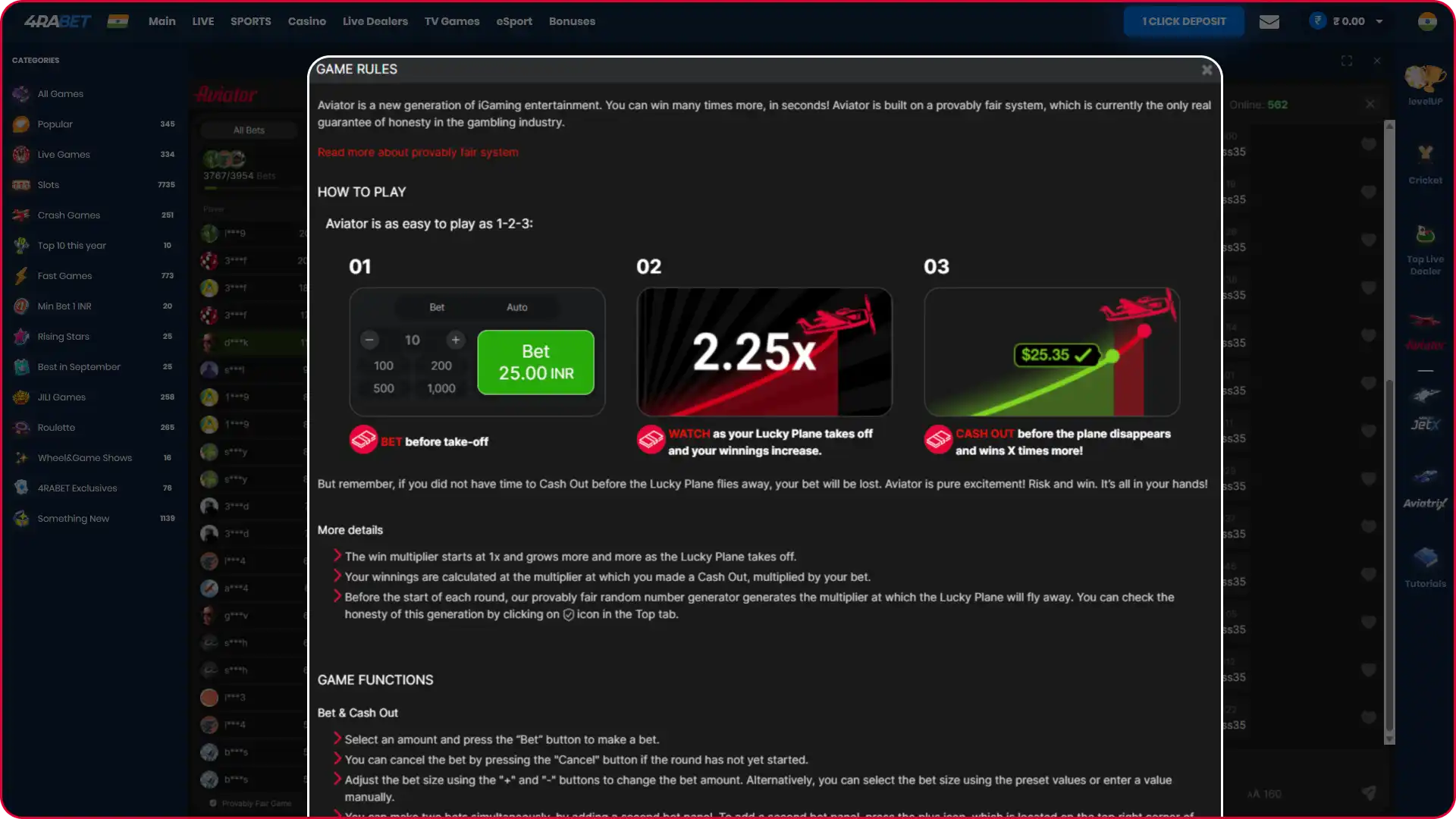 Aviator desktop settings modal showing advanced auto-play stop conditions and balance limits in INR.