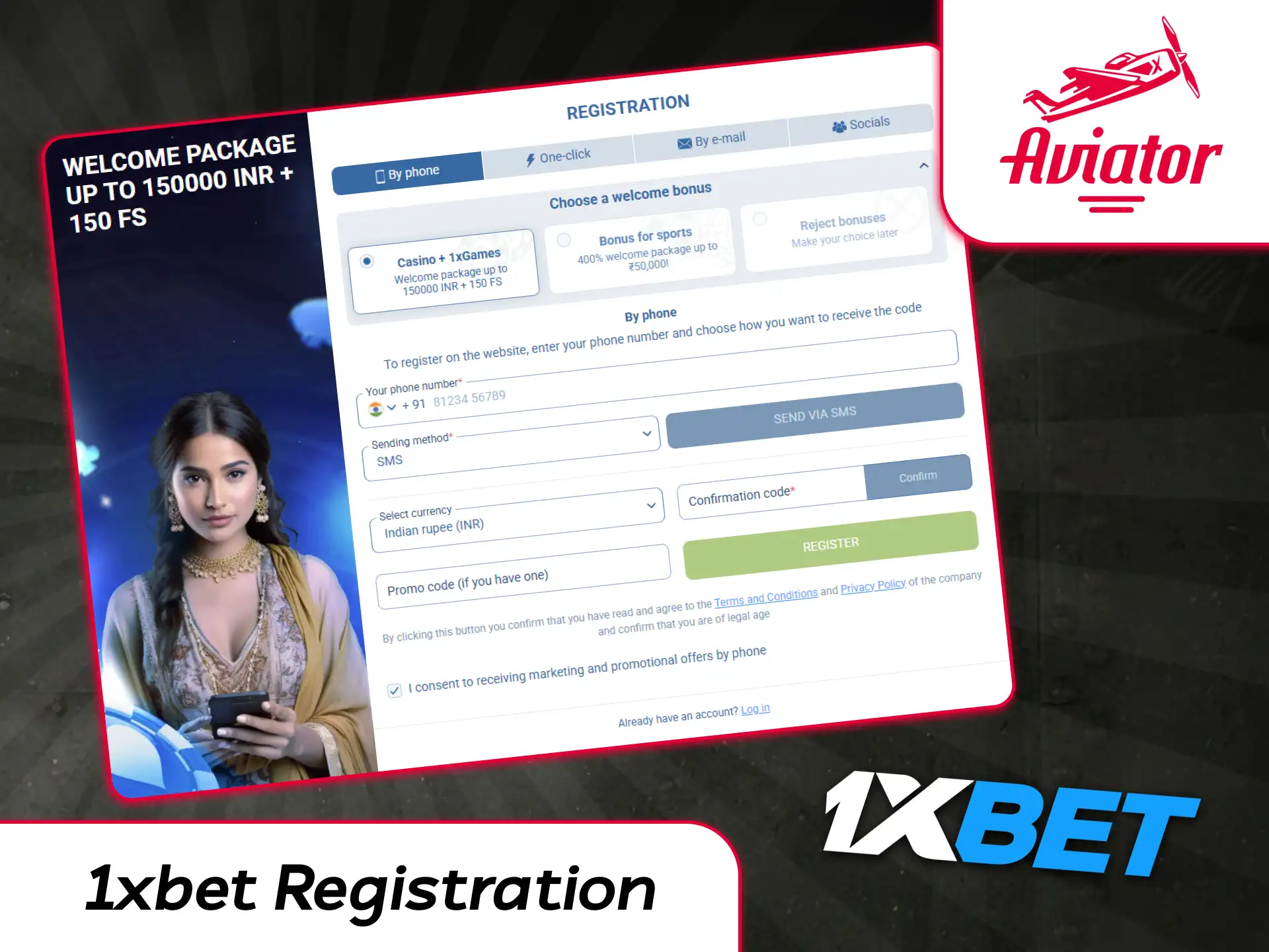 1xbet sign-up menu featuring one-click, phone, and email registration methods.