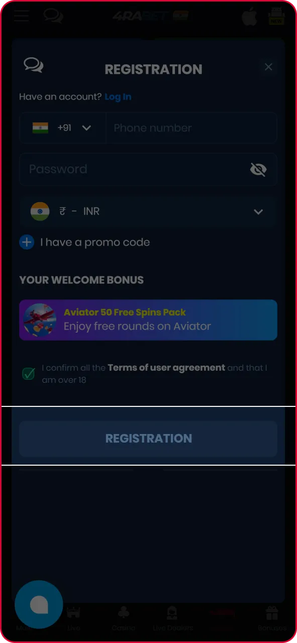 Final account creation confirmation button redirecting the user to the Aviator game lobby.