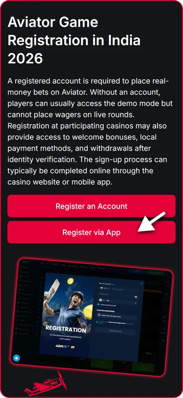 Mobile casino app home screen showing the highlighted Register button at the top corner.