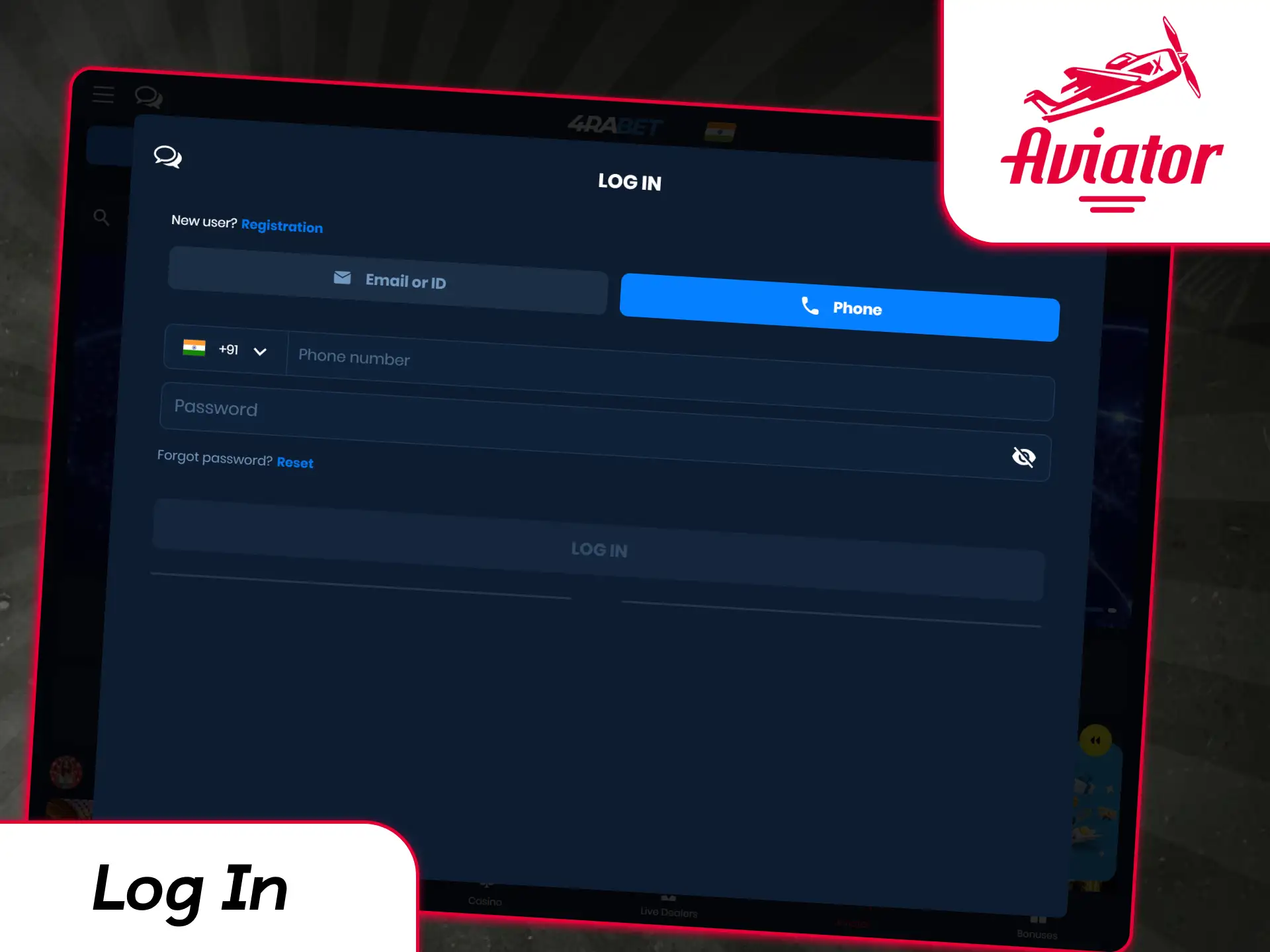 User entering credentials into the login screen to access the Aviator game lobby.