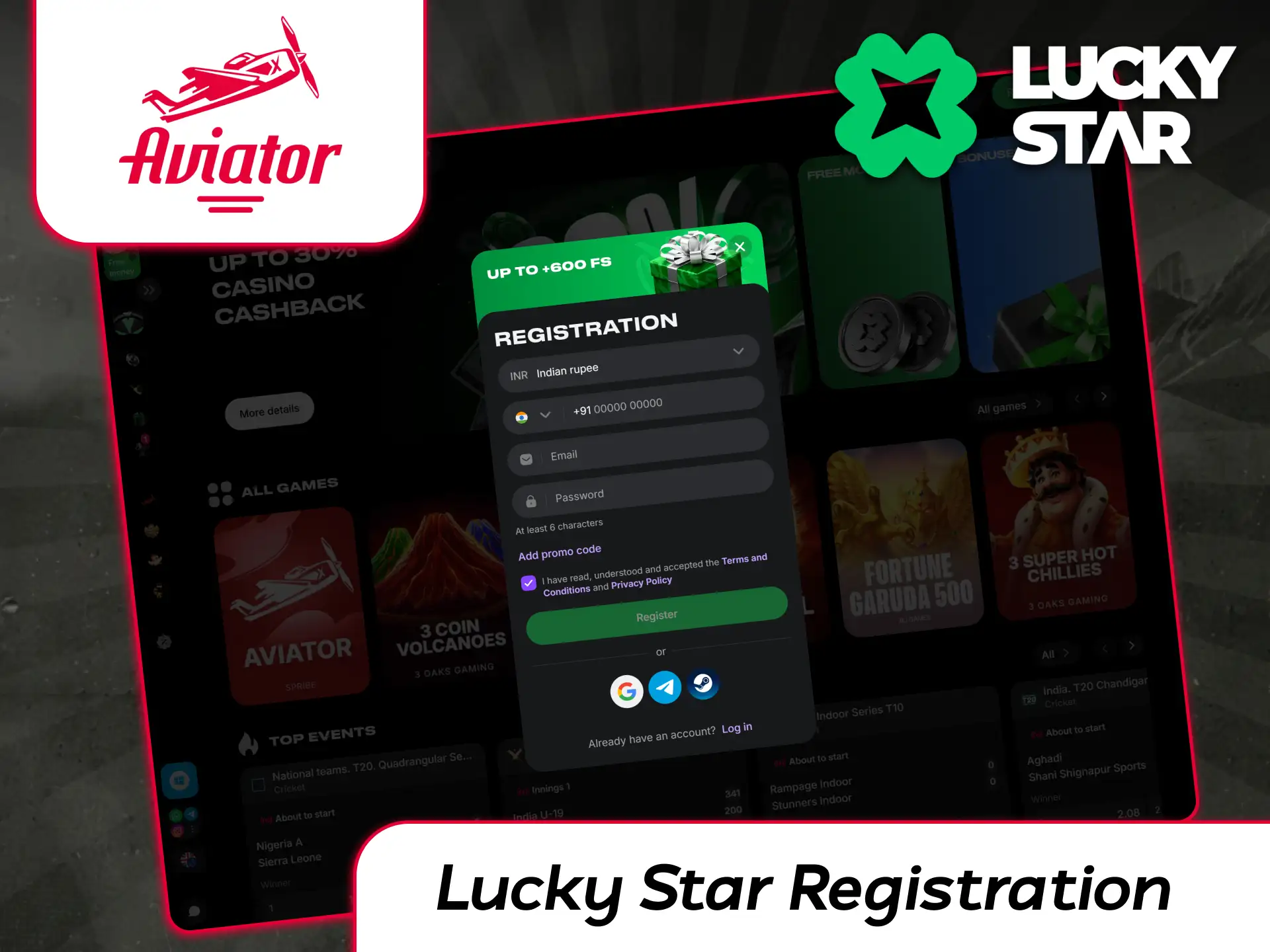 Lucky Star casino sign-up page showing mobile and email registration fields.