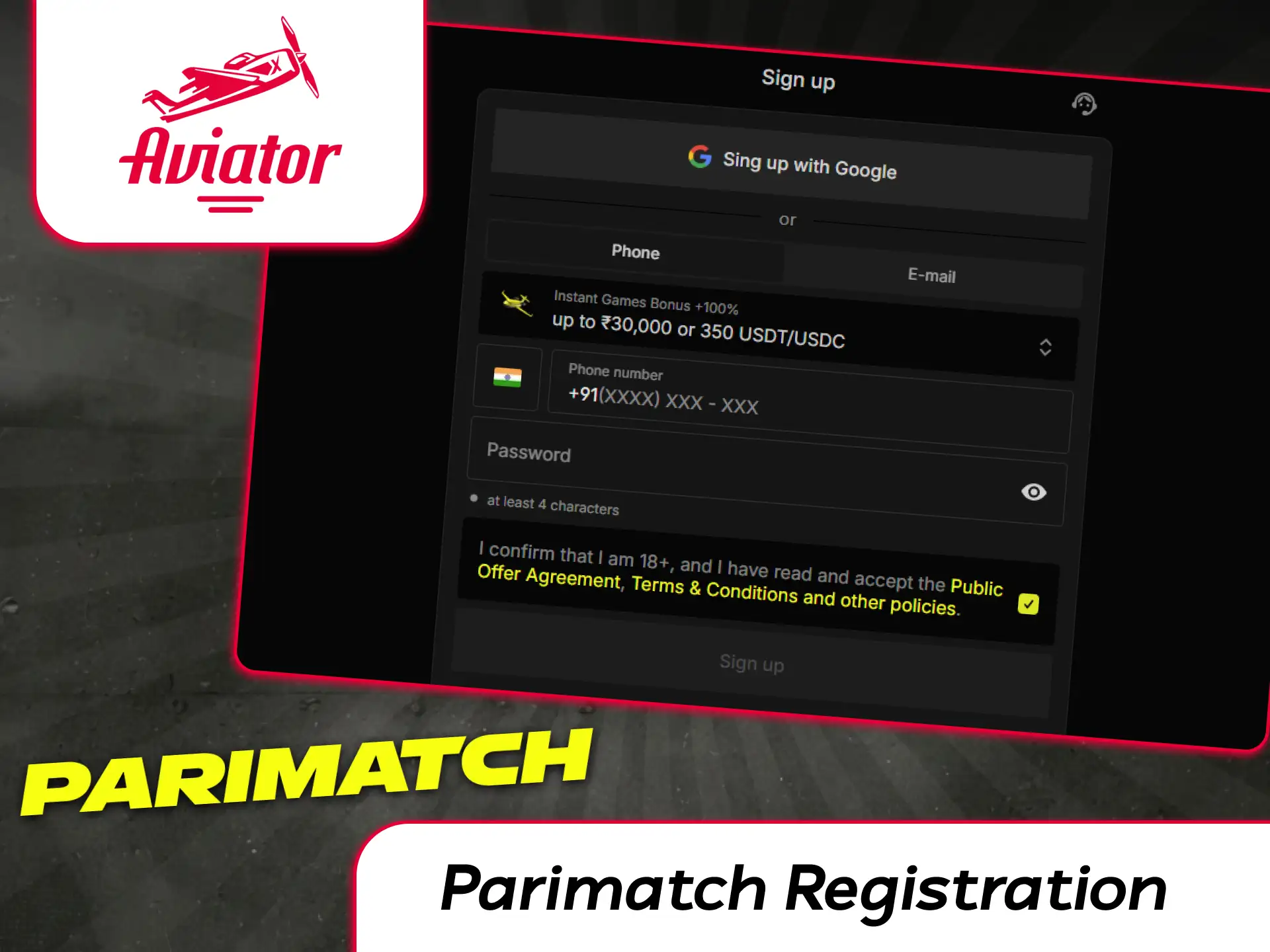 Parimatch mobile registration screen with phone number input and password settings.
