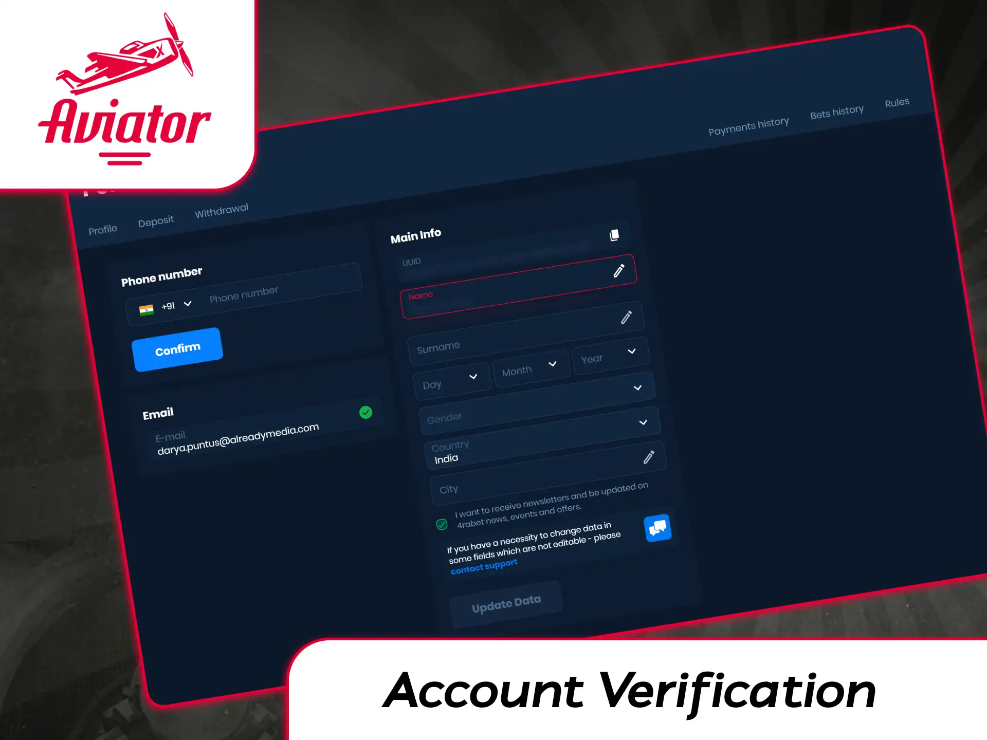 User submitting passport or Aadhaar document in casino account settings for account verification.