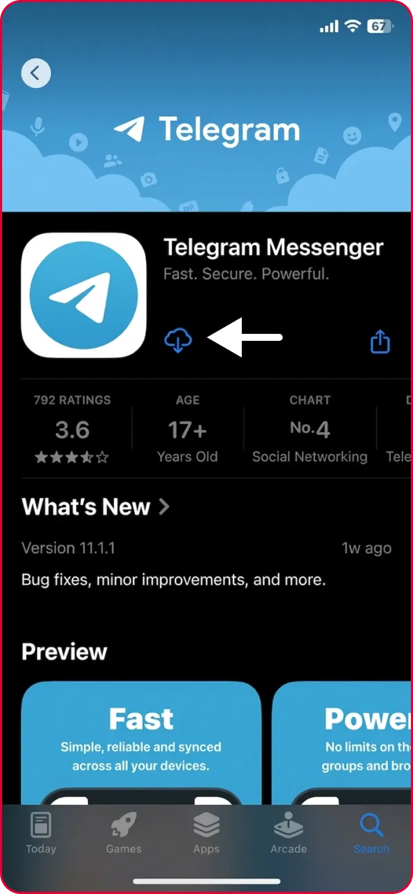 Mobile app store page highlighting the official Telegram messenger app download button.