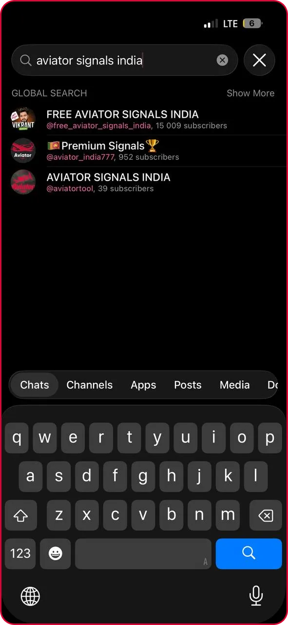Telegram search interface displaying results for verified Aviator predictor and signal channels.