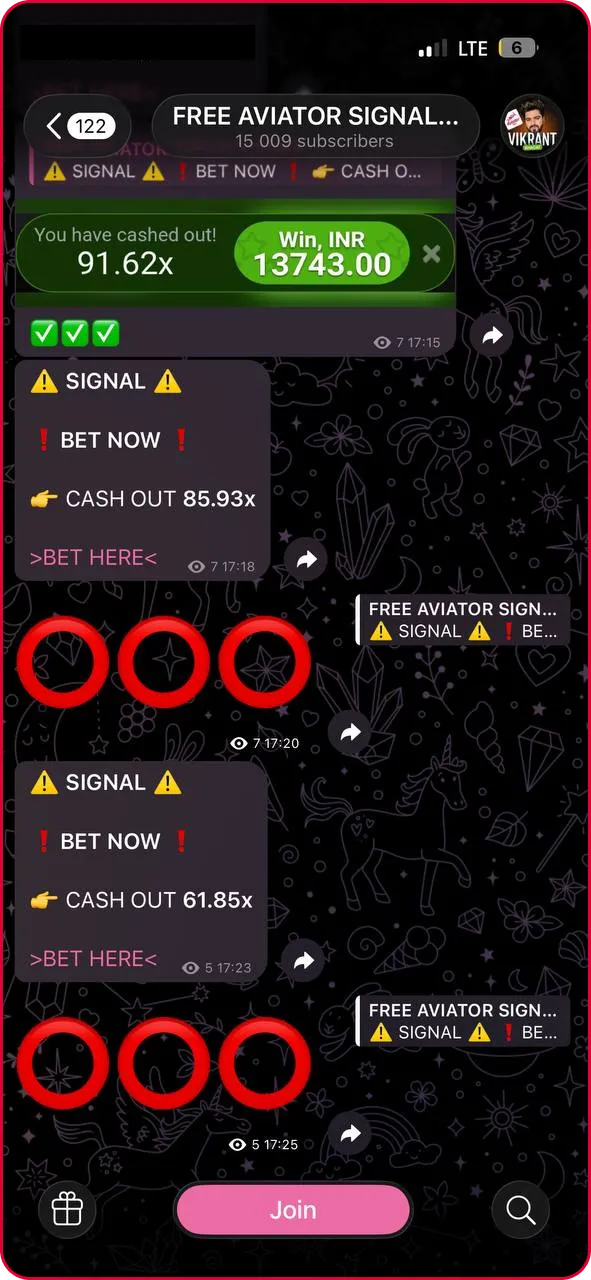 Telegram channel interface with the Join button clicked and notification alerts set to active.