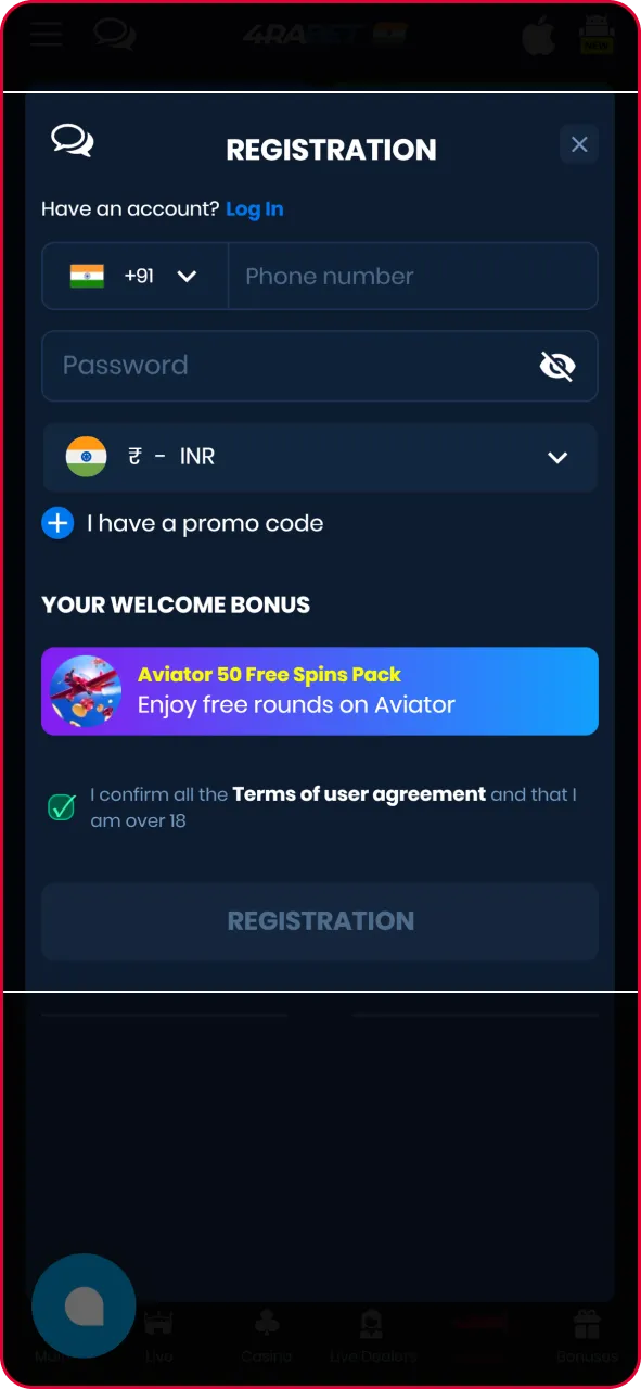 Mobile registration form of an online casino supporting Spribe Aviator gameplay.