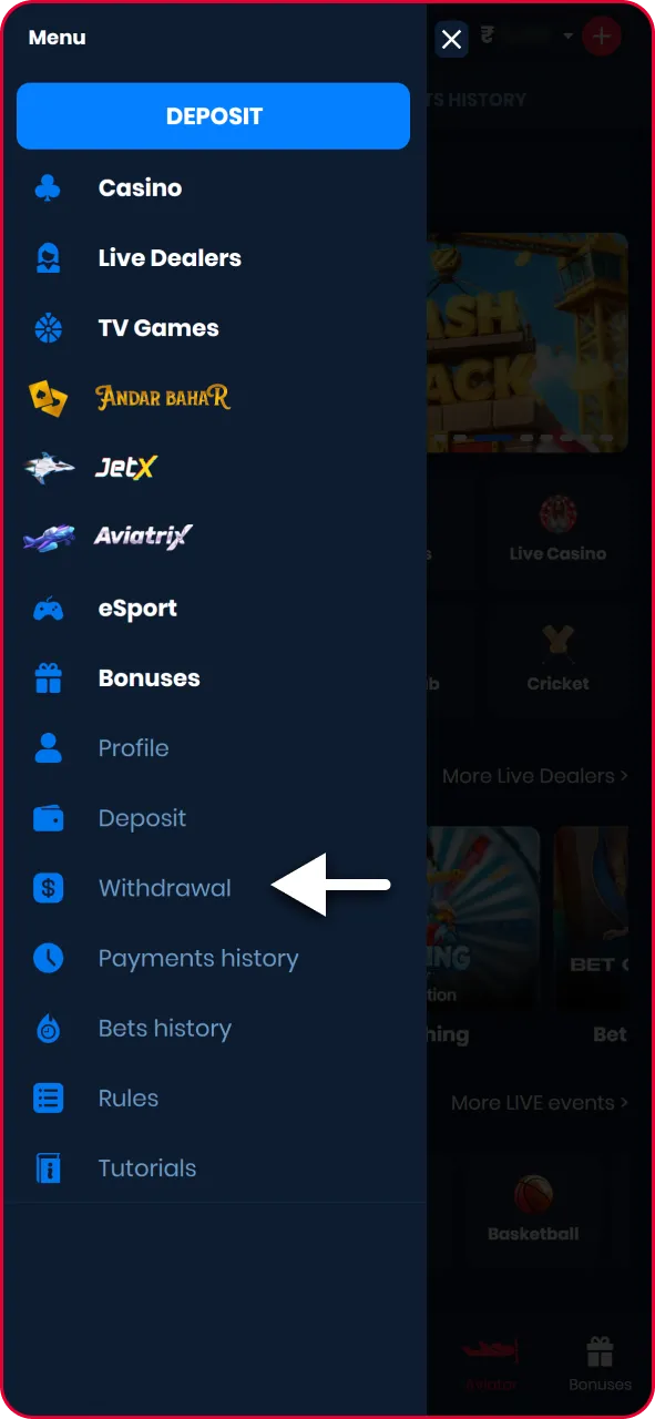 Mobile casino dashboard highlighting the payments and cashier section button in the user profile menu.